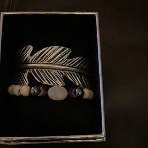 Rustic cuff silver leaf cuff and beaded bracelet